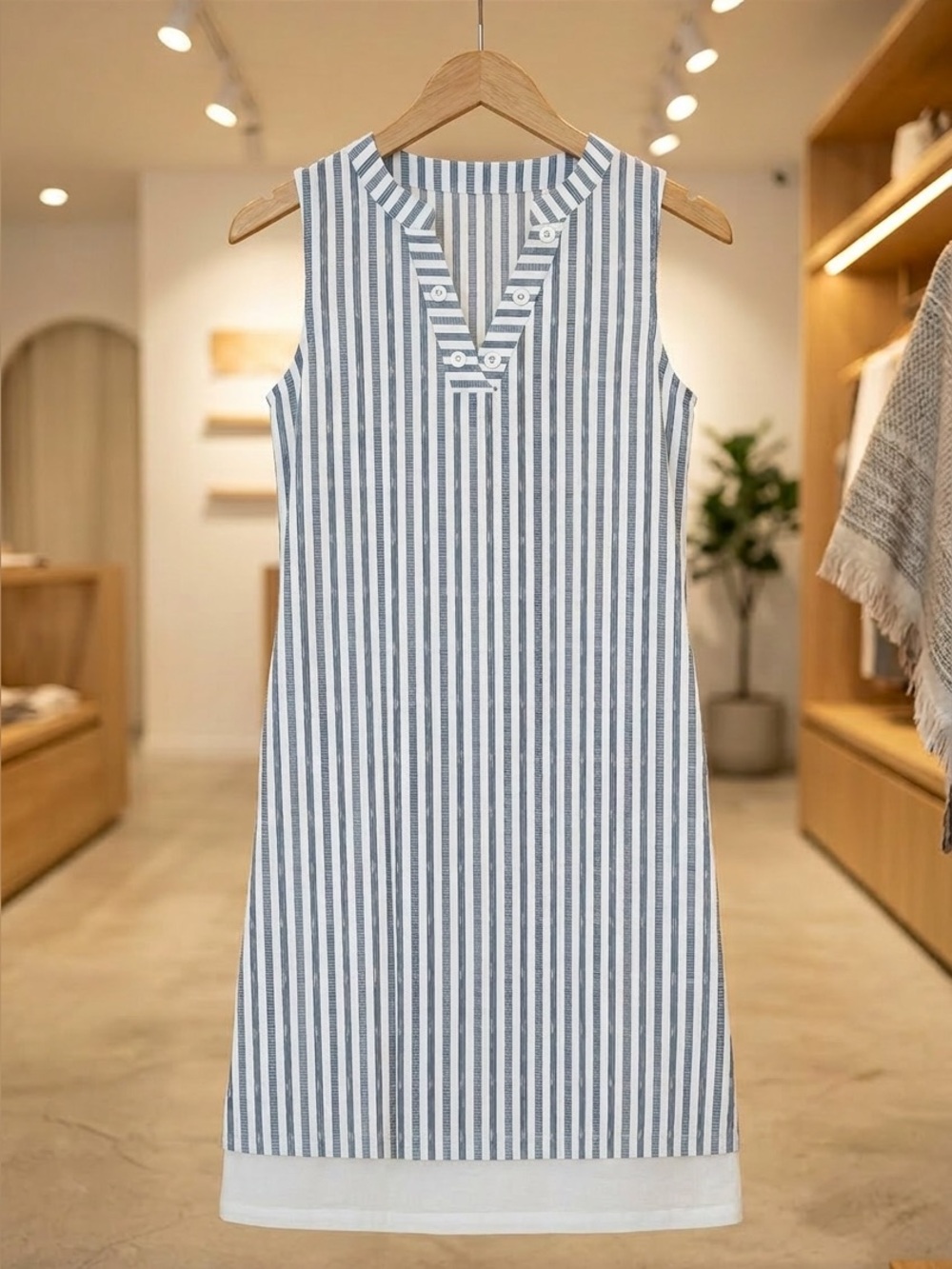 Sleeveless Blue & White Striped Shift Dress